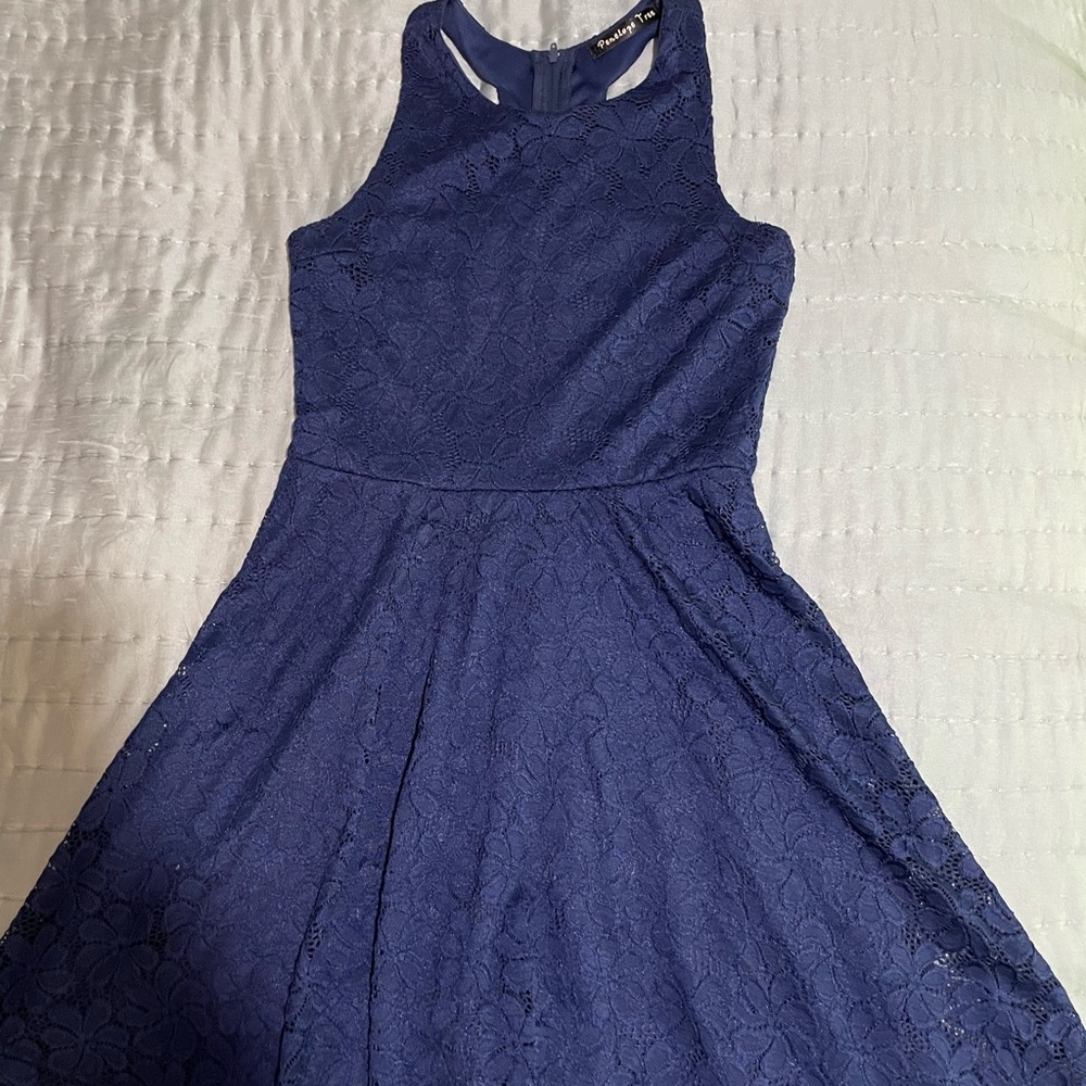 Girls Blue Fit And Flare Lace Overlay Dress Size 10